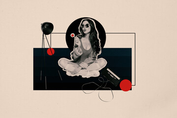 Creative artwork template sketch image 3D collage of young lady sit down eat sweet lollipop party...