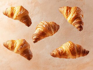 Five freshly baked croissants floating on a warm background