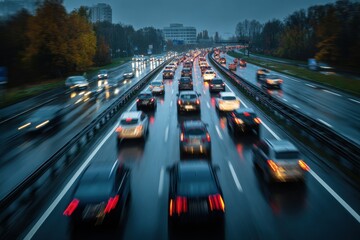 Rainy highway at dusk, heavy traffic