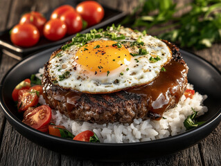 Loco moco, hawaiian cuisine dish with hamburger patty, fried egg and rice