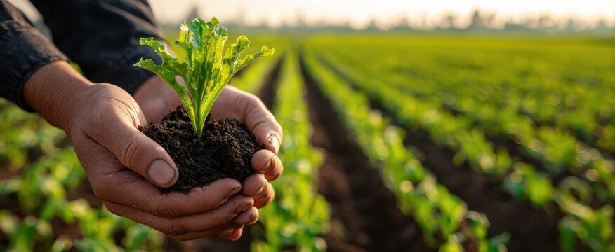The hands holding a young lettuce plant in a flourishing field.
