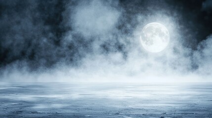 Mystical Night Landscape: Full Moon Over Foggy Plains