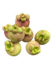 Mangosteen is Thailand’s national fruit, known as the Queen of Fruits. It has a sweet and slightly sour taste. Fresh tropical fruit on white background.