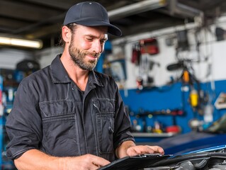 Confident mechanic in uniform diagnoses engine problems with a satisfied expression inside auto repair shop.