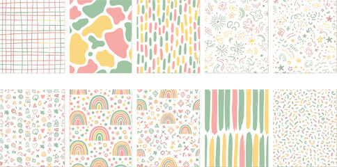 Set of fun colorful vector seamless pattern. Kid confetti background. Childish party celebration concept. Hand drawn design useful for fabric, textile, cover, banner, label, print, wrapping, wallpaper