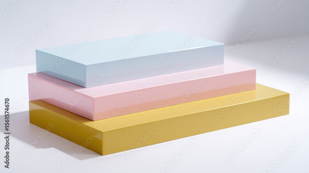 Poster modern colorful rectangular blocks stacked in order with bright pastel tones and shadows.