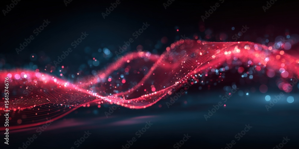 Poster abstract digital wave background with glowing particles and vibrant light flow.
