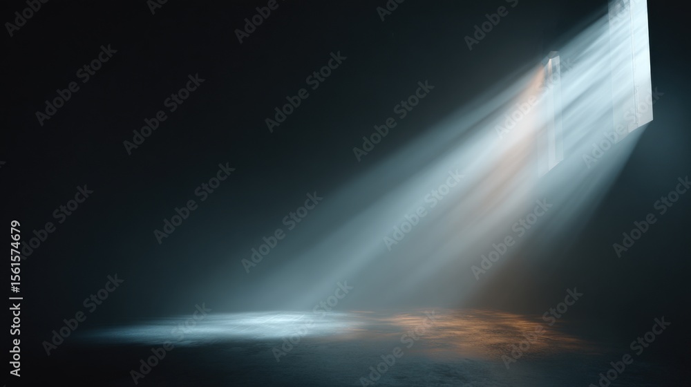 Poster dramatic sunlight streaming through a large window casting rays into dark room.