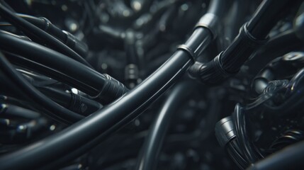 Fototapeta premium Close-up of black electronic cables and wiring in a high-tech electronic device or machine.