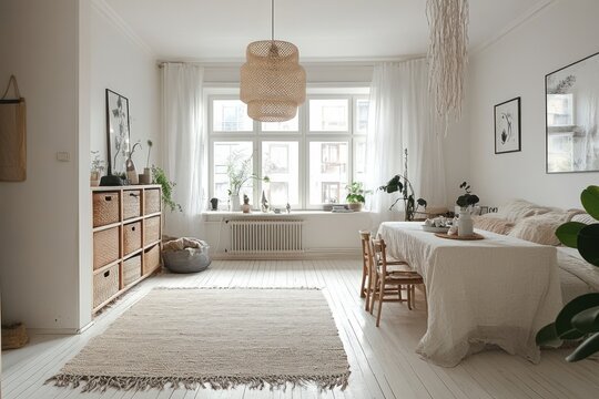 Serene Scandinavian room with storage units, cozy textures and clean layout