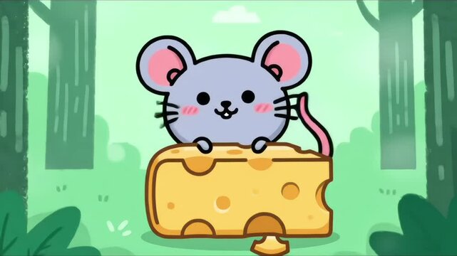 Animated Mouse and Cheese in Forest: Cute Cartoon Illustration.