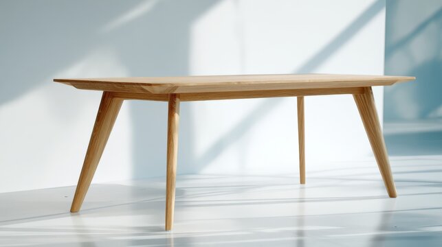 Modern minimalist wooden table with angled legs in bright indoor space.
