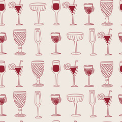 Seamless vector pattern with various wine, champagne and cocktail glasses. Dolce vita background with hand drawn drinks. Whimsical beverage texture for wallpaper, wrapping paper, textile