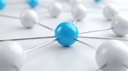 Modern blue sphere connected to white spheres with lines on a smooth surface.