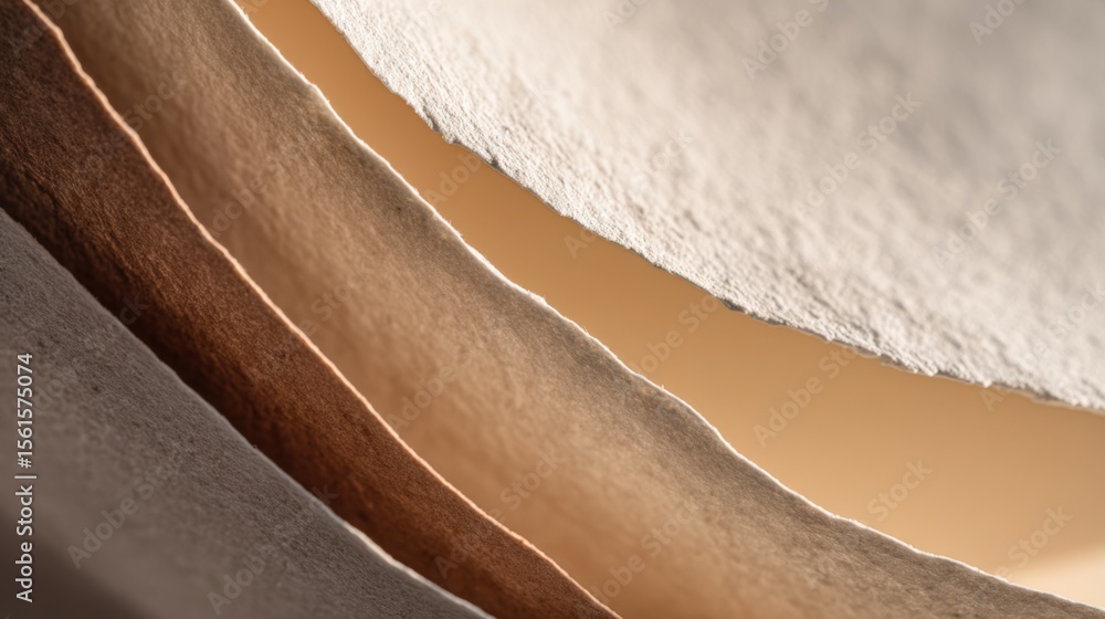 Poster close-up of textured layered paper sheets in neutral tones with detailed surface patterns.