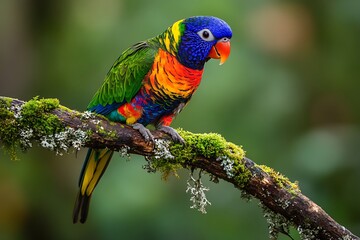 Naklejka premium Colorful rainbow lorikeet perched on branch in lush forest wildlife photography nature environment close-up view