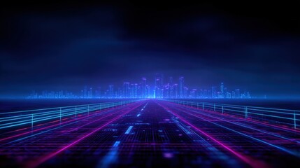 Futuristic neon digital cityscape with glowing highways and vibrant skyline at night.