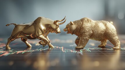 Detailed image of a fierce gold bull and textured brown bear poised for battle on financial market graph.
