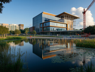 Modern building reflecting in a peaceful pond at sunset