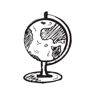 School globus design in black brush stroke texture isolated on white. Hand drawn vector sketch illustration in vintage charcoal ink. Study geography, earth concept, travel, print, back to school.