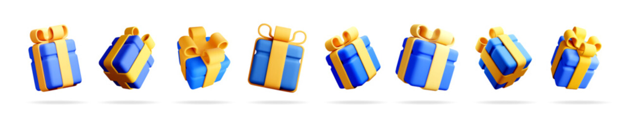 Blue gift box with yellow ribbon rotating in different angles. Holiday present for birthday or Christmas celebration. Special delivery concept.