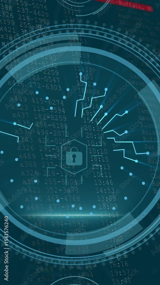 Poster animation of data processing and padlock over blue background