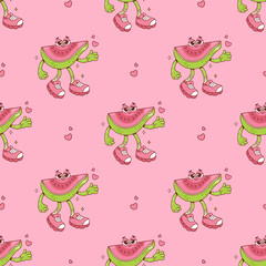 Seamless Pattern Cute Guava Groovy Character on Pink Background with heart. Funny cartoon retro personage fruit. Trendy backdrop. Vector illustration