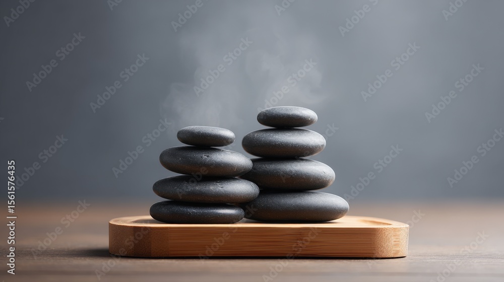 Poster balanced smooth stones stacked on wooden platform with gray background and calming atmosphere.