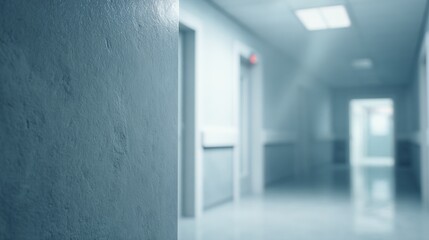 Modern clinical hospital corridor with soft lighting and clean white walls.