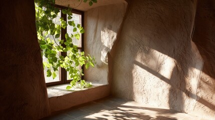 Warm Sunlight Streaming Through a Window onto a Rustic Wall with Green Plant.