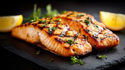 Grilled salmon fillets with herbs and lemon wedges on dark slate background.