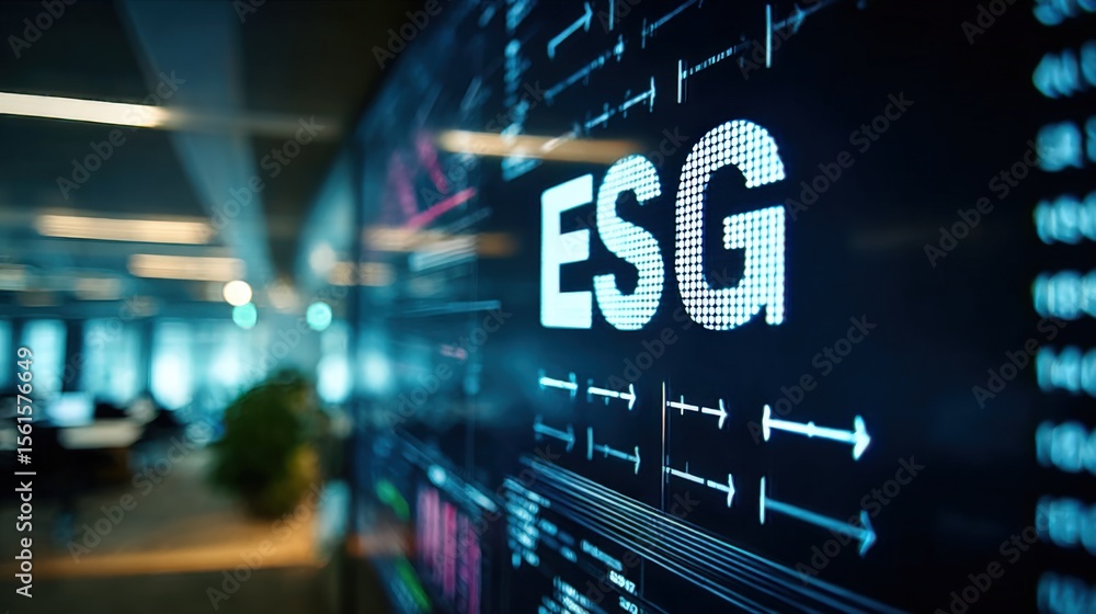 Poster modern digital display showing esg environmental social governance principles and data analysis at c