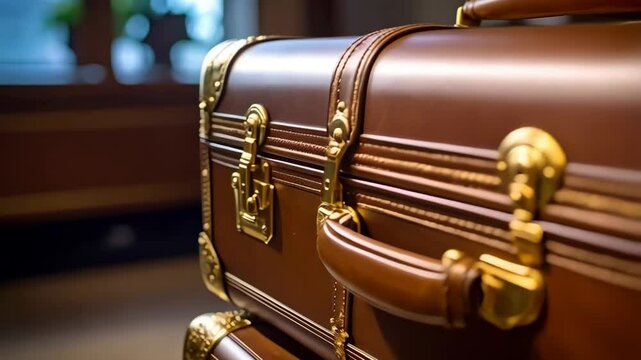 Stack of vintage brown leather suitcases with shiny gold accents, luggage for travel and adventure, detailed close-up view