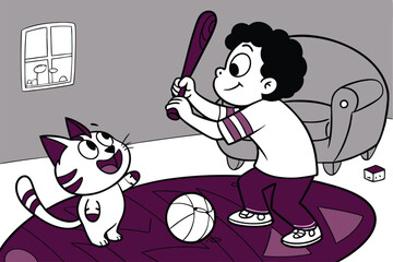 Adorable illustration of a child and a playful cat enjoying time together