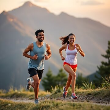Pareja joven corriendo al aire libre en la monta&ntilde;a &mdash; running, ejercicio, estilo de vida saludable, fitness, trail running, naturaleza, deporte en pareja, bienestar, entrenamiento, actividad f&iacute;sica al 