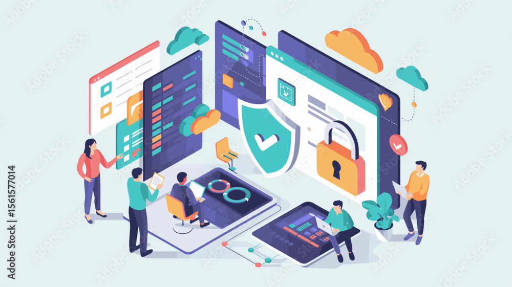Poster devops team working on secure software development, isometric vector illustration for business compl
