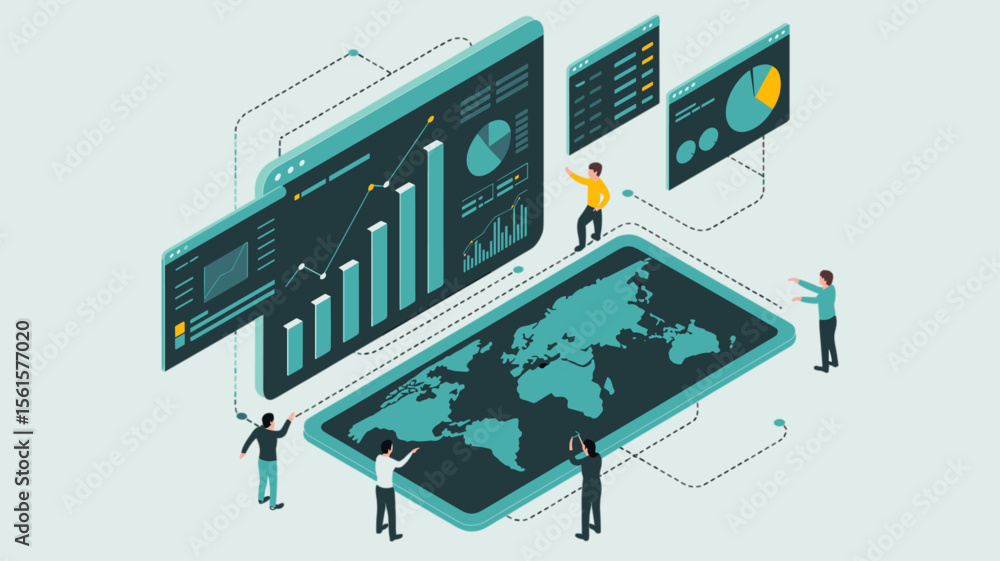 Poster analyst team working on global data dashboard, isometric vector illustration for data analytics, bus