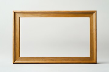 Minimalist photograph of a large wooden picture frame with a thick, smooth light wood border, set against a white background, simple and elegant design with clear, sharp focus and ample empty space