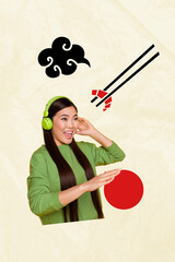 Sketch 3D photo collage of young lady smile hand play dj listen music headphones cloud chopsticks...