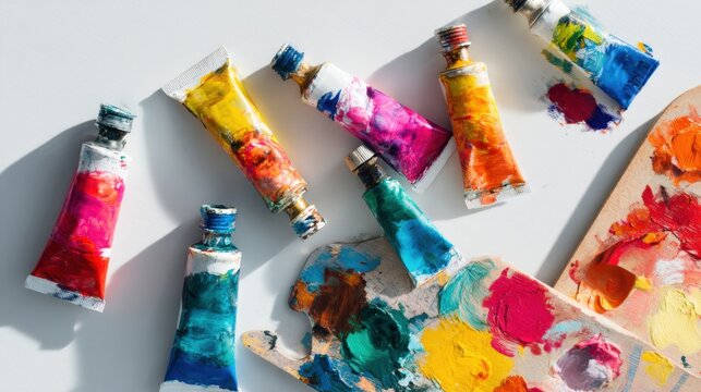 Artistic colorful paint tubes and palette with vibrant mixed paints on white background.