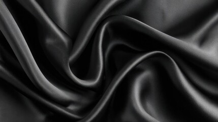 Fototapeta premium Close up of black silky satin fabric with smooth flowing folds and sheen.