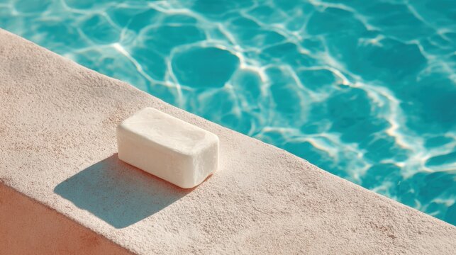 Long white soap bar on poolside edge with turquoise swimming pool water background.