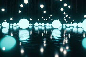 Seamless loop animation of glowing spheres bouncing on reflective floor