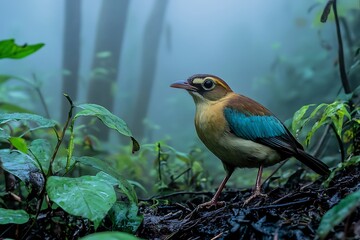 Birdwatching adventure colorful avian species in misty rainforest nature photography close-up perspective