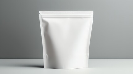 White resealable stand-up pouch bag on a white surface with a gray background, ideal for packaging various products.
