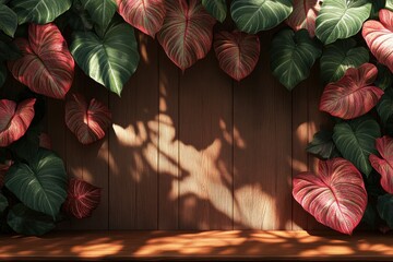 Seamless loop animation of brown wood display with lush caladium leaves casting shadows