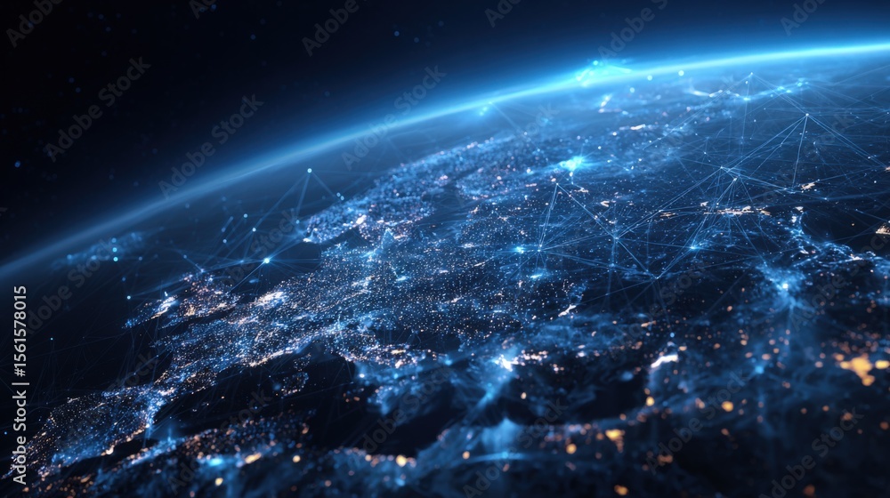 Poster stunning view of earth from space highlighting illuminated continents and network connections.