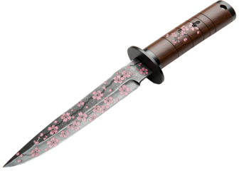 A knife with a wood handle and a gray blade decorated with pink cherry blossom patterns on a black background