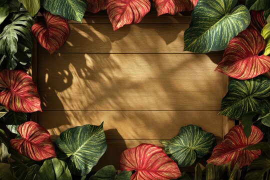 Seamless loop animation of brown wood display with lush caladium leaves casting shadows