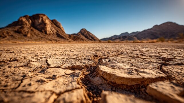 Expansive arid desert landscape with cracked dry earth and rugged mountain range in background during daytime.